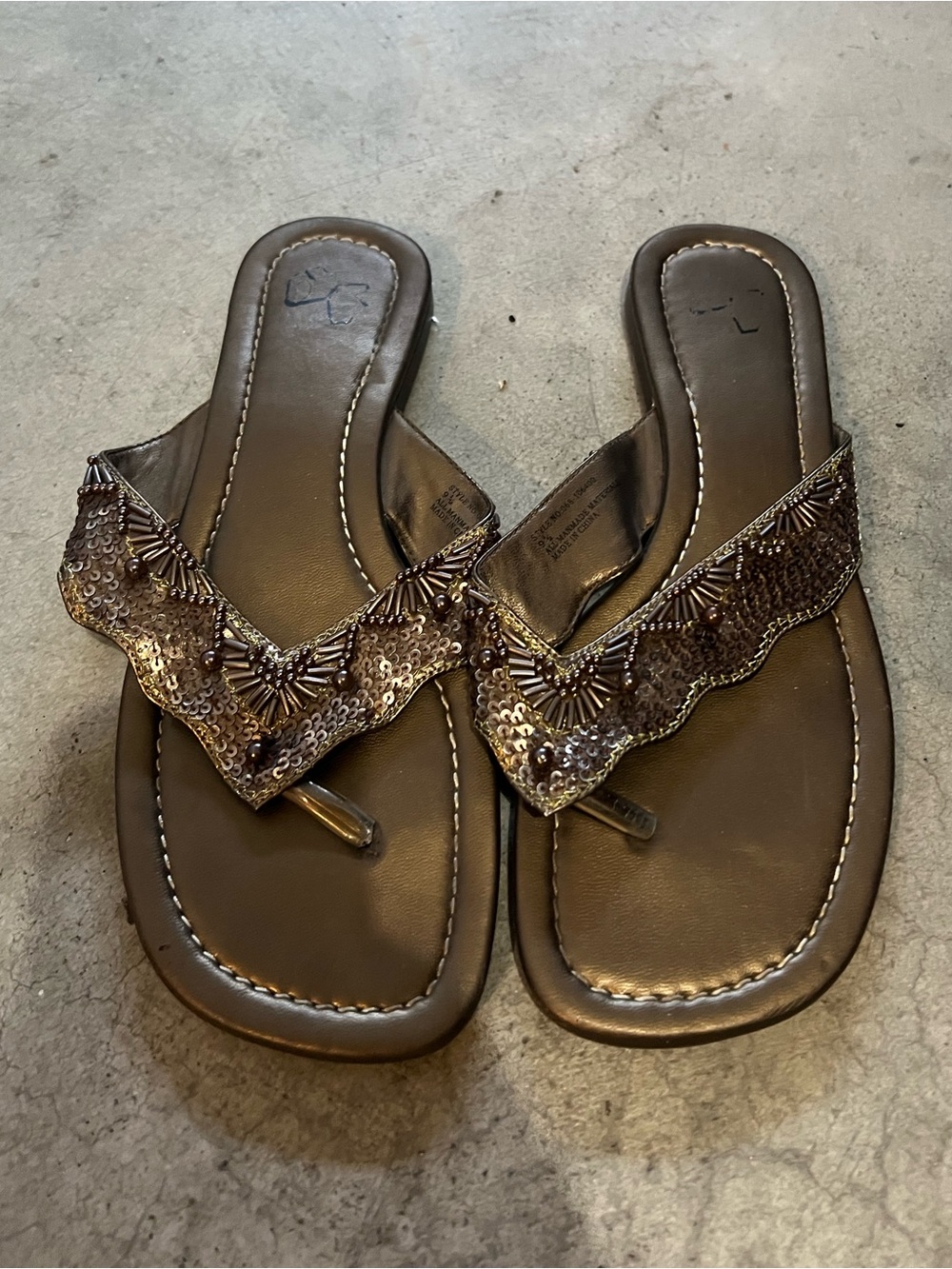 Women's Bronze Beaded Thong Sandals